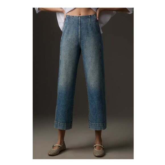 Anthropologie Pilcro Kick Mid-Rise Crop Wide-Leg Jeans Tern Wash 24 Petite 24P - Picture 1 of 13